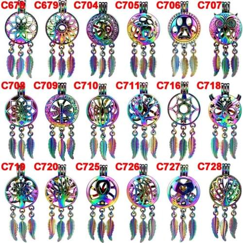 10pcs/lot Rainbow Color Mix Dream Catcher Beaty Leaf Pearl Beads Cage Pendant Locket Essential Oil Diffuser DIY