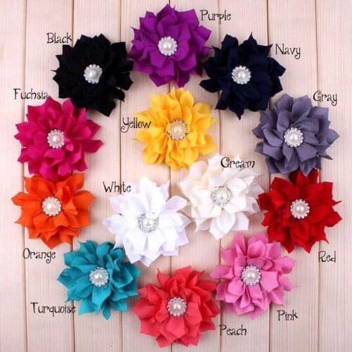 50pcs/lot 3" 13Colors Fashion Chic Artificial Fabric Hair Lotus Flowers+Bling Rhinestone Pearl Button For Chilldren Accessories