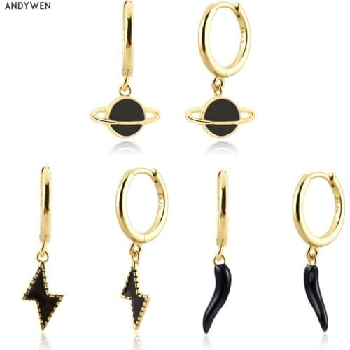 ANDYWEN New 925 Sterling Silver Gold Black Globe Thunder Lightning Chili SATURN Aros Rayo Negro Enamel Drop Earring Clips Jewels
