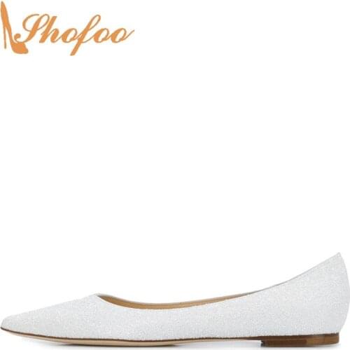 White Sequined Cloth Ballet Flats Woman Pointed Toe Slip On Shoes Large Size 11 15 Ladies Summer Fashion Footwear Party Shofoo