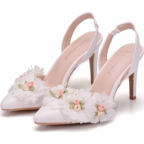 Crystal Queen White Lace Flower Bridal Wedding Shoes Fine Pointed Bride Dress Shoes High heel 10cm Two Type Women Sandals Pumps
