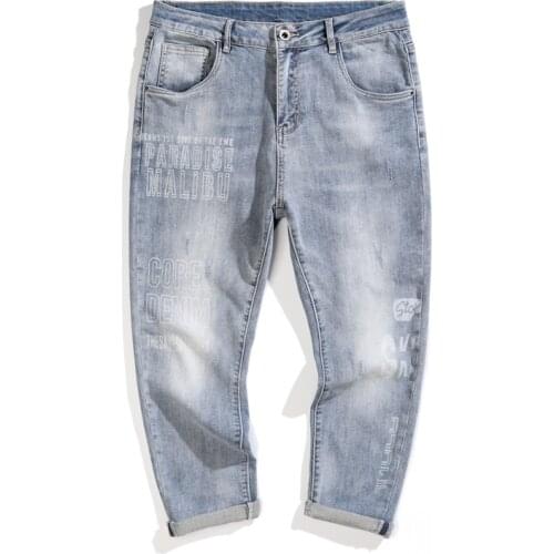 Men Jeans Brand 2021 Summer Light Blue Harem Pants Mens Cropped Trousers Fashion Letters Patterns High Street Baggy Jeans Pants