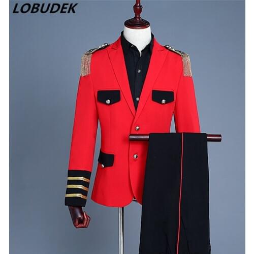 Men England Style Military Suits Fashion Slim Red Court Palace Dress Stage Costume Formal Prom Singer Host Performance Clothing