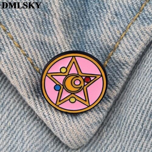 DMLSKY Pink pentagram Metal Pins Enamel Brooches for Women Men Lapel Pin Backpack Badge Denim Pin Fashion Brooch M4310