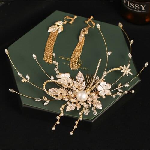 Hand-Woven Golden Leaf Crystal Pearl Hair Comb Insert Comb Earring Set Bridal Wedding Hair Accessories Earrings Jewelry Wholesal