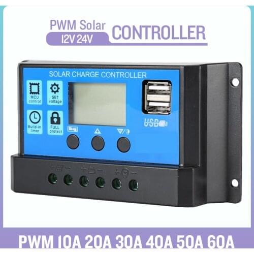 60A/50A/40A/30A/20A/10A 12V 24V Auto Solar Charge Controller PWM Controllers LCD Dual USB 5V Output Solar Panel PV Regulator