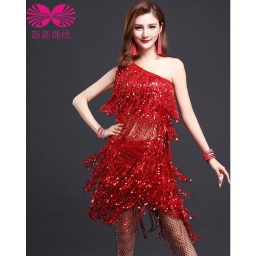 Adult Latin dance costumes shoulder female Latin dance costume Latin dance competition clothing sequined fringed skirt