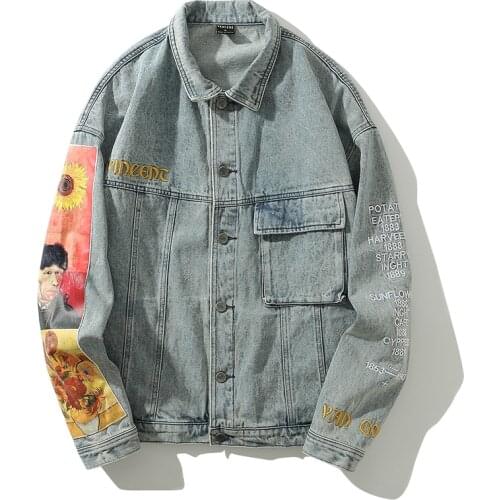 Van Gogh Printed Denim Jacket Men Autumn New Washed Jean Coats Cowboy Loose Long Sleeve Outerwear Fashion Street Plus Size Coat