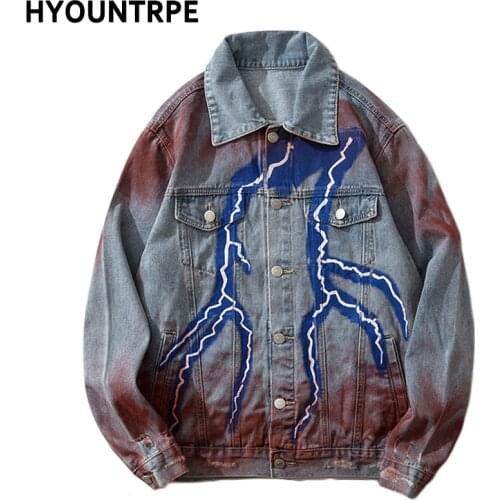 Mens Hip Hop Lightning Denim Jackets Fashion Graffiti Ripped Coats High Street Swag Outerwears 2020 New Spring Streetwear Jacket