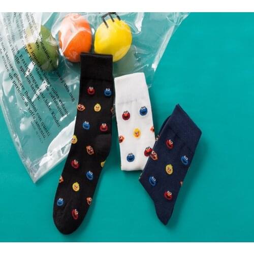 Socks Women Cartoon Sesame Street Cookie Monster Socks Funny Cute White Black Cotton Socks For Girls Woman Sock Harajuku Sox