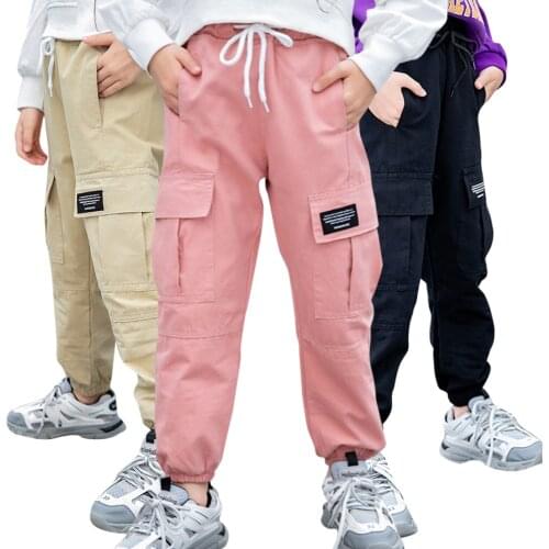 2021 New Cowgirl Cargo Pants Spring Autumn Solid Color Kids Cotton Trousers Teenage Clothing Elastic Waist Teens Cargo Pants