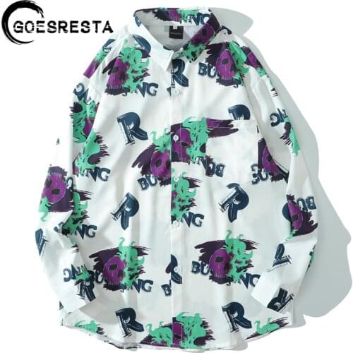 2020 Autumn New Hip Hop Fashion Shirt Oversized Men Streetwear Skull Print Long-sleeved Shirt Harajuku Casual Brand Mens Shirt