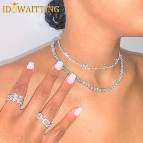 2021 Summer New Arrive Fashion Lovely Butterfly Charm Jewelry Thin CZ Tennis Chain Iced Out Bling Necklace Bracelet Jewelry Set