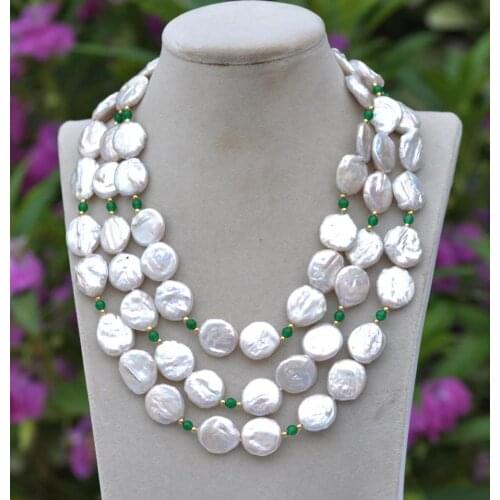 Z11420 3Row 18" 16mm White Coin Freshwater Pearl Jade Bead Necklace