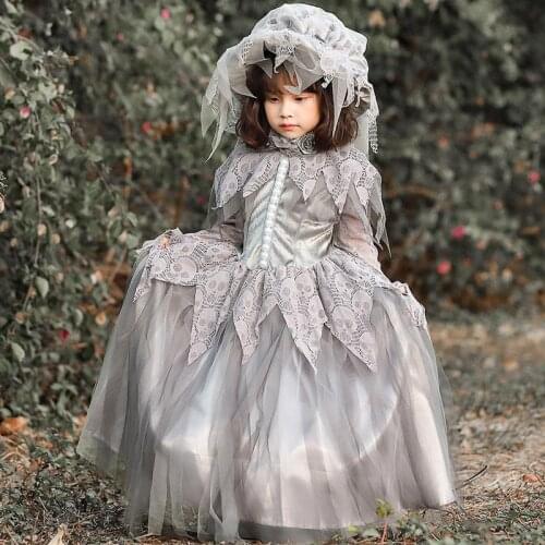 Kid Wedding Dresses Skeleton Lace Mesh Flore Length Dress Ghost Bride Dresses Headwear 2pcs Set Halloween Cosplay Costume