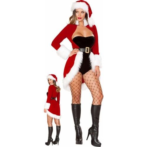 Christmas Dresses Women Clothes Sexy Santa Claus Xmas Cosplay Costume Red Velvet Coat Jumpsuit Belt Hat Christmas Set