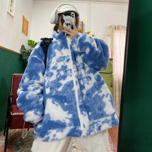 Street retro hip hop tie dyed lamb wool loose oversized BF coat for men and women winter coats jackets