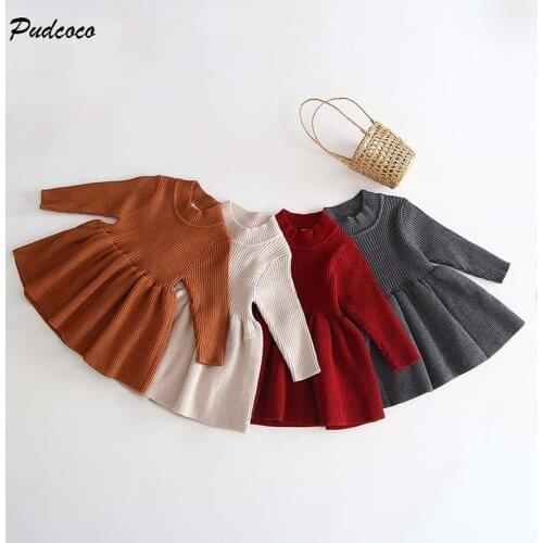 2019 Brand Autumn Winter Kids Baby Girls Tops Sweater Dress Solid Long Sleeve Knit A-Line Dress Tops 4 Colors