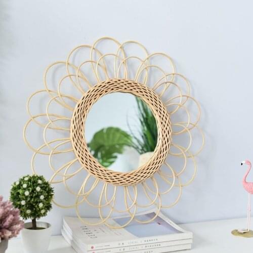 Hollow Flower Border Rattan Woven Wall Mirror Innovative Art Decoration Home Decor Mirror Sun Shape Decorative Makeup Mirrors