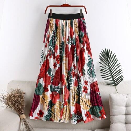 Women Summer Floral Pleated Skirt New High Waist Slim A-line Skirt Retro Leaf Print Pleated Female Skirt Long