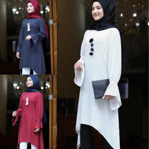 New Womens Clothing Muslim Summer Autumn Long Top Polka Dot Long Sleeve Top Large Cuffs Fashion Dress Arab Dress Abaya Gilbab