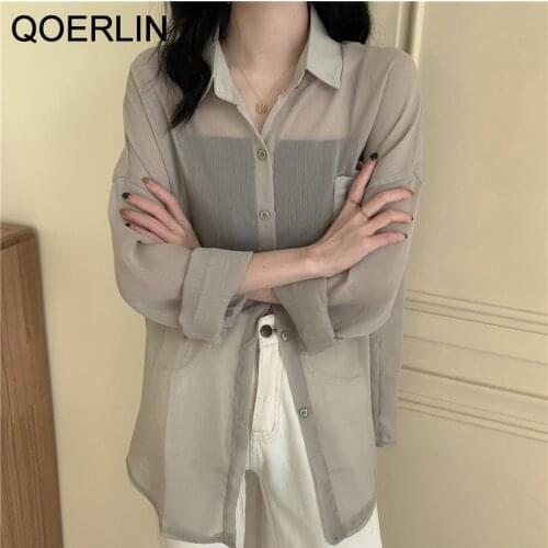 QOERLIN Summer Sexy See Through Blouse Ladies White Transparent Long Sleeve Turn-Down Buttons Tops Shirts Women Chiffon Shirts