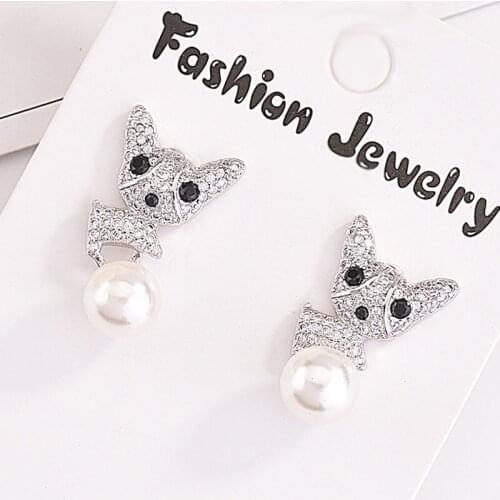 MENGYI Fashion Jewelry Cute Puppy Earrings Shiny Little Zircon Dangling Imitation Pearl Drop Earrings Womens Exquisite Earrings