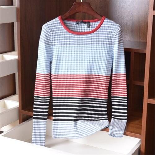 New arrival wool polyester blend Oneck knit women fashion striped pullover sweater S-L retail wholesale