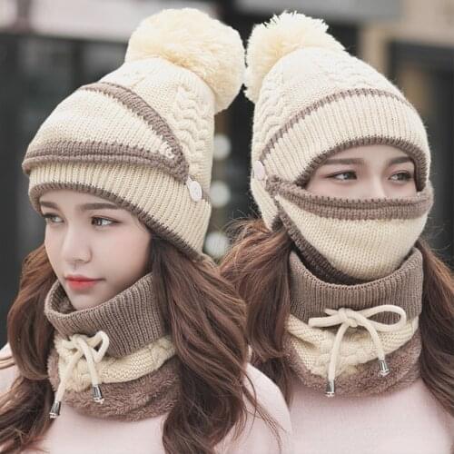 2021 Hat Winter Womens Mask Hat For Girls Thick Warm Fleece Inside Balaclava Knitted Hat Scarf Set 3Pcs Riding Fashion Cap