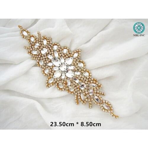 1PC) Gold clear crystal glass bridal rhinestone applique belt wedding sash for wedding dress WDD0472