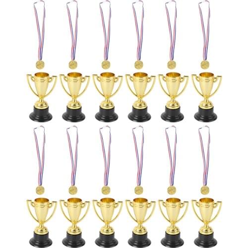12/24pcs Plastic Gold Cups Trophies Mini Gold Cups Trophy and Award Medals Prizes Small Medals Gift Awards Trophy Toys for Sport