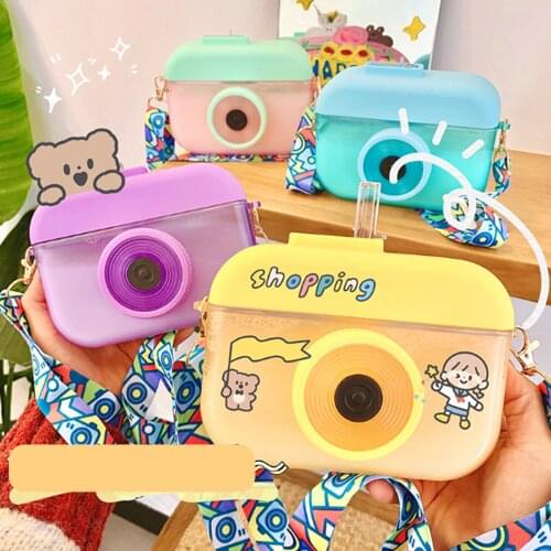 2021 Cute Childrens Camera Water Bottle, Adult girl cool Water cup with Rope and waist Transparent plastic Fruit Bottle