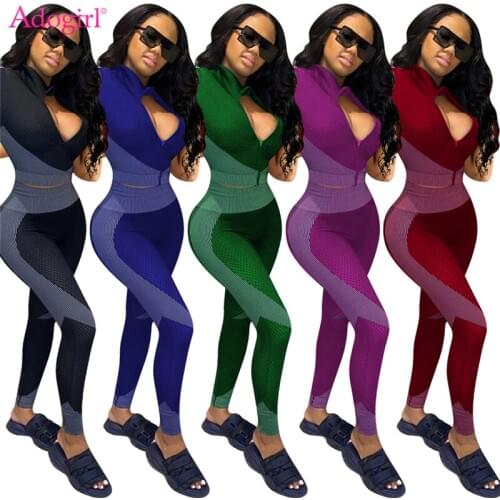 Adogirl 2021 New Color Patchwork Tracksuit Women Two Piece Set Short Sleeve Zipper Crop Top Leggings Pants Gym Workout Suit