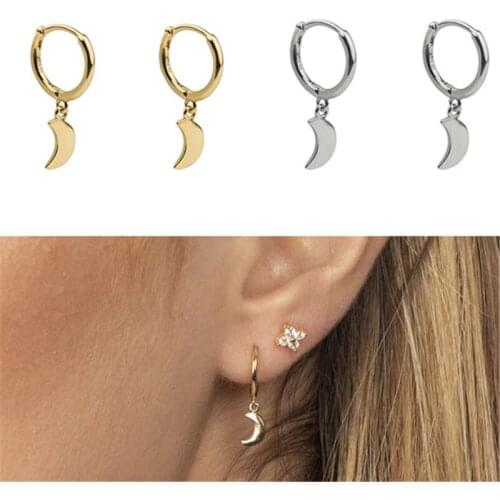 Aide 925 Sterling Silver Cute Moon Pendant Stud Earrings For Women Girls Small Zircon Lightning Ear Stud Hanging Charm Earring