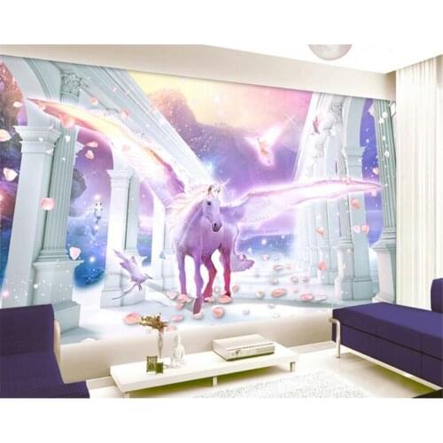 Beibehang European Roman column flying unicorn Pegasus petal background wall paper home decor papel de parede 3d wallpaper mural