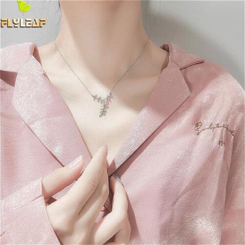 Flyleaf Cubic Zirconia Leaves Necklaces & Pendants Real 925 Sterling Silver Necklace For Women Fashion Chain Fine Jewelry Party