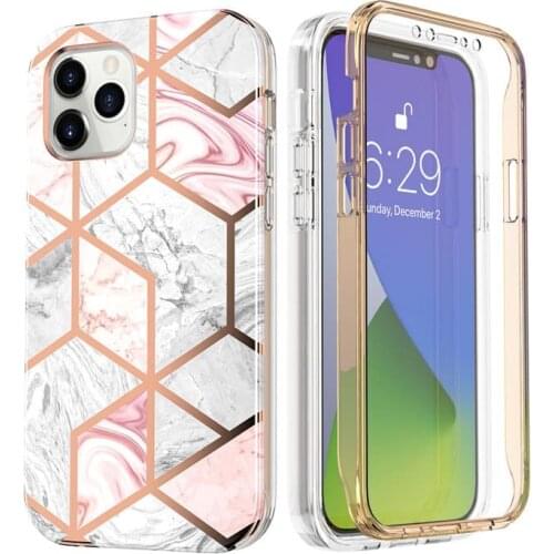 For iPhone 11 12 Pro Max X Xr Xs Max 8 7 Plus SE Case Marble 360 Degree Full Body Protective Phone Case with Screen Protector