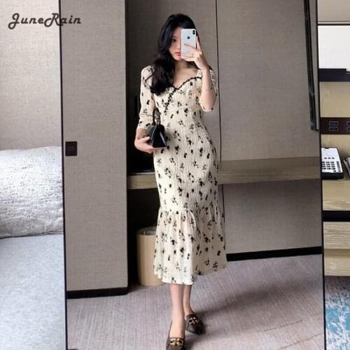 JuneRain Print Floral Dress Women Casual Vintage V-Neck Three Quarter French Slim Party Midi Dress Elegant Korean Fashion Dress