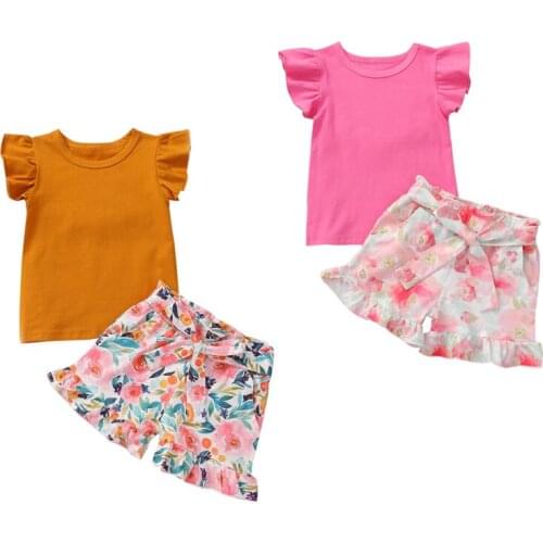 FOCUSNORM 2-7Y Summer Lovely Baby Girls Clothes Sets Ruffles Short Sleeve Pullover T Shirts Flowers Shorts
