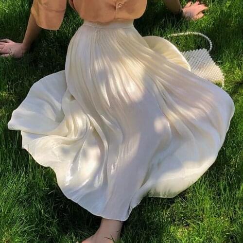 Fashion All-match Satin Shiny Long Skirt Womens Korean-Style Slim Solid Silk Metallic High Waist Pleated Calf Long Skirts