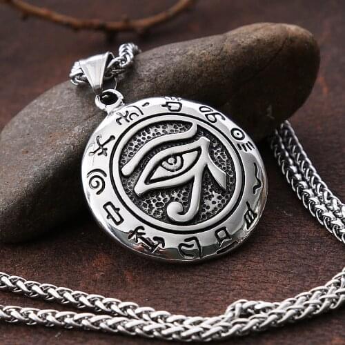 Vintage Stainless Steel Egyptian Eye of Horus Necklace Pendant Mens Punk Ancient Egyptian Rune Amulet Necklace For Men Jewelry