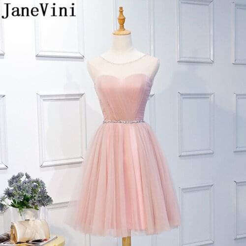 JaneVini 2018 Pink Short Bridesmaid Dresses Girls Sleeveless Tulle Wedding Guest Party Dress Beaded Waist Maid of Honor Gown