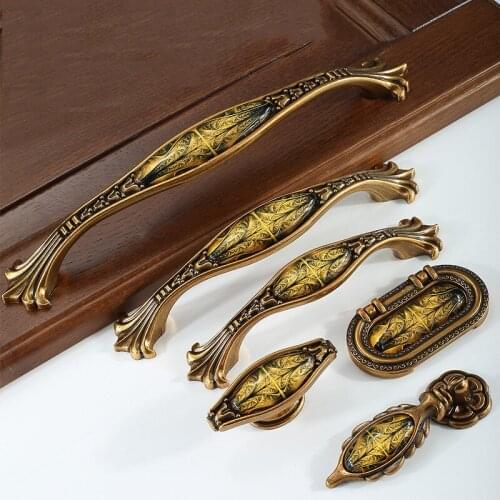 Furniture Cabinet Drawer Handle Catch Pull Grip Pitch-row 192 128 96 64mm Zinc Alloy Antique Copper Oval Yellow Green Porcelain