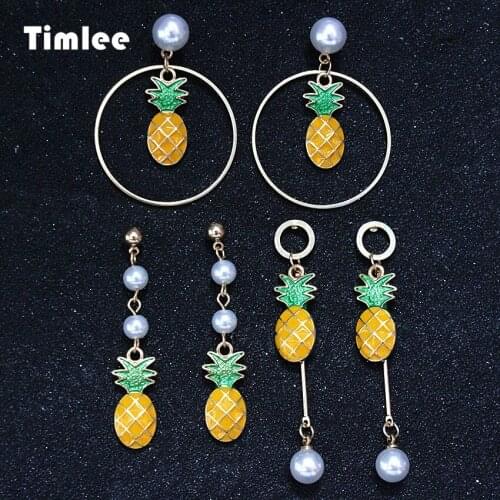 Timlee E024,Free Shipping,Cute Pineapple Earrings Imitation Pearl Long Dangle Earrings,Summer Fashion Jewelry Wholesale