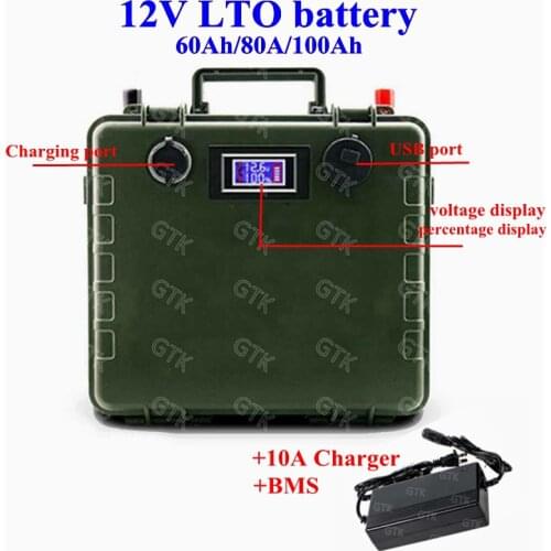 Waterproof LTO 12V 60Ah 80Ah 100Ah Lithium titanate battery pack 12V with BMS 100A for inverter electric Boat UPS RV+10A charger