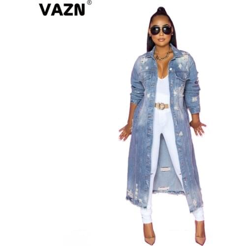 VAZN 2021 Spring Hot Elegant Solid High-end Young Full Sleeve Sexy Daily Fashion European Womens Slim Long Denim Outwears