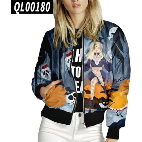 Women Autumn New Baseball Jacket,Fashion Casual digital print Halloween series stand-up collar baseball uniform Female Clothing