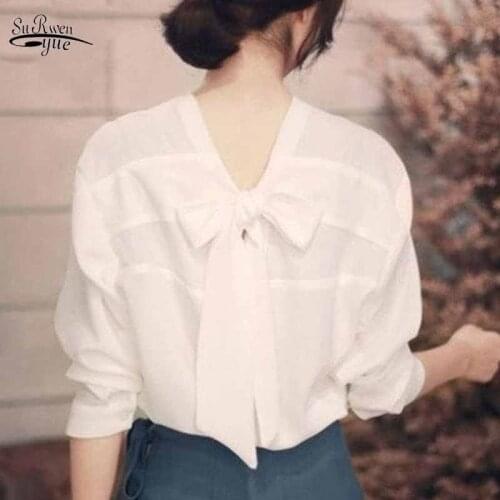 Solid White Chiffon Blouse 2021 Early Autumn Korean Style Tops Women Long Sleeve Back Bow V-neck Chic Sweet Shirts Blusas 11571