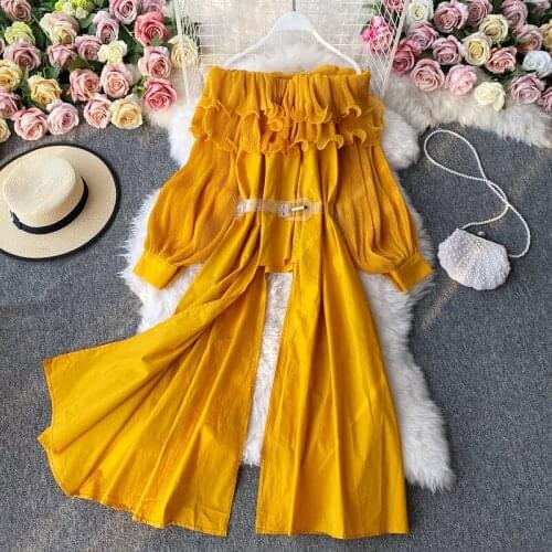 New Court Style Sexy Slash Neck Layer Pleated Ruffles Irregular Shirt Tops Womens Vintage Folds Lantern Long Sleeve Long Blouses