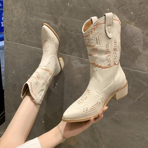 Women Western Mid Calf Boots PU Leather Boot Ladies Black Cowboy Retro Womens Working Oxford Shoes Female Vintage Casual
